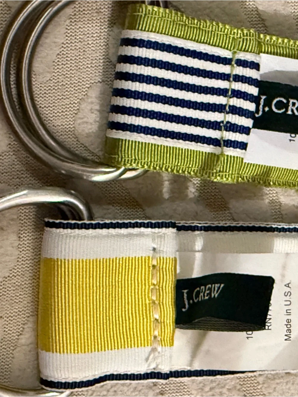 J. Crew Yellow, Navy, Green and White Striped D-Ring Fabric Belt Duo